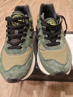 Stone Island 574 Legacy Green Suede & Mesh Men’s Sneakers with Tan Accents